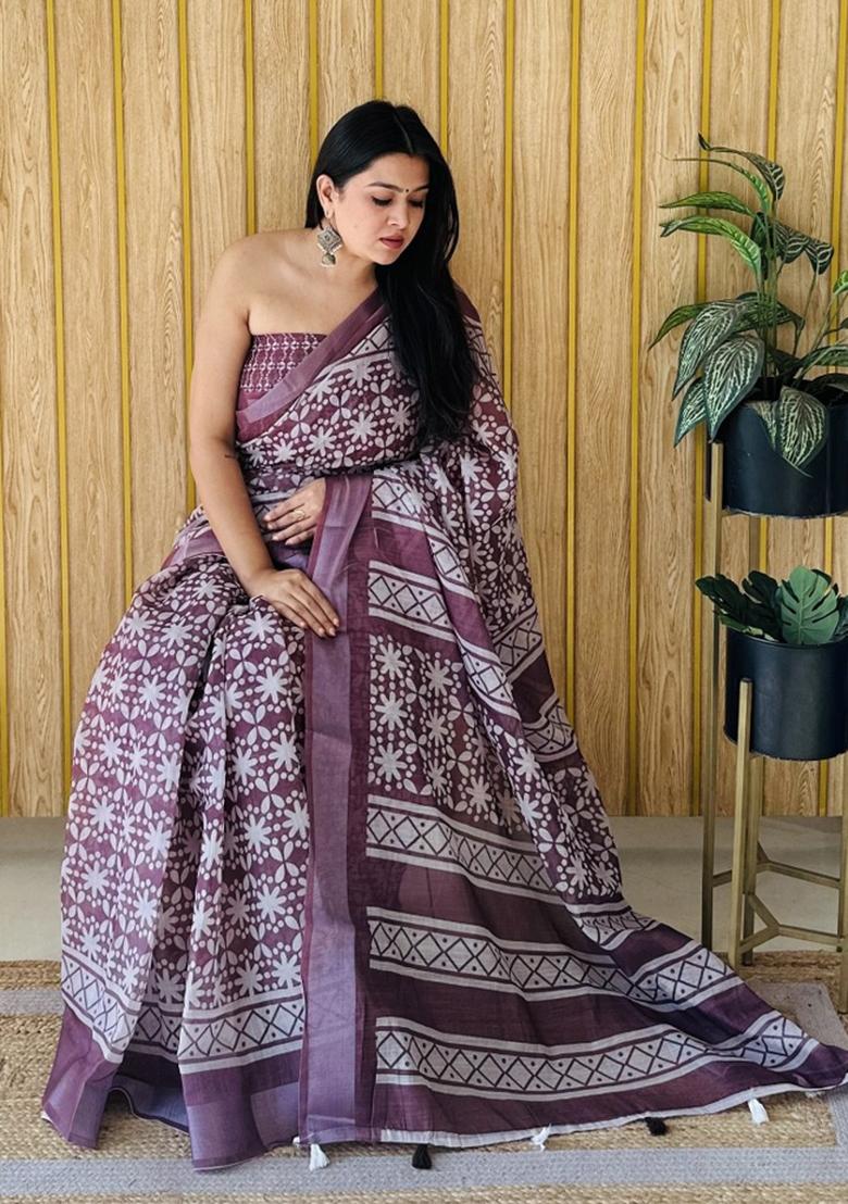 Brown Printed Linen Saree Set