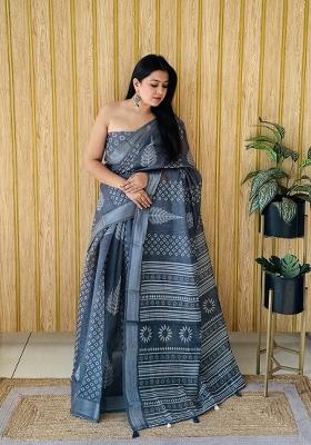 Dark Grey Printed Linen Saree Set