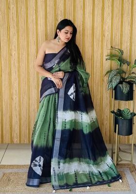 Green Printed Linen Saree Set