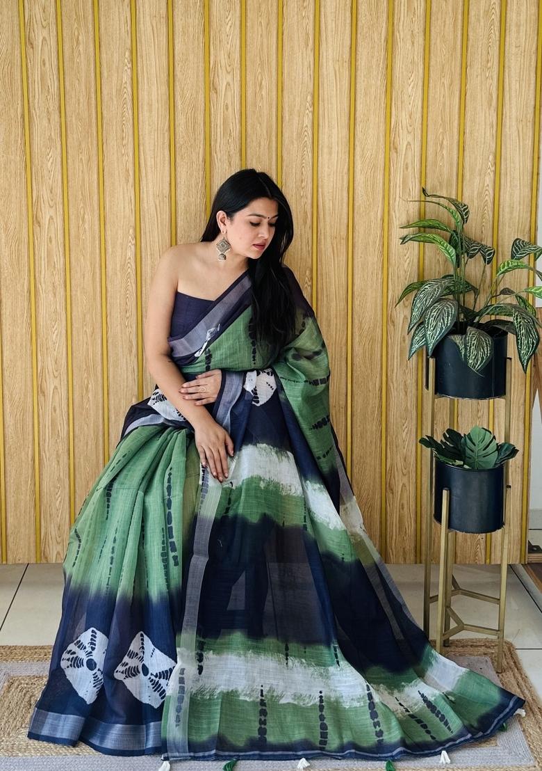 Green Printed Linen Saree Set