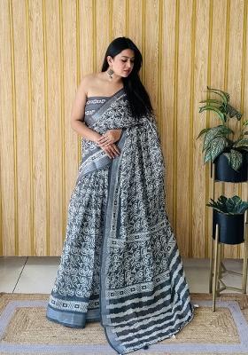 Grey Printed Linen Saree Set