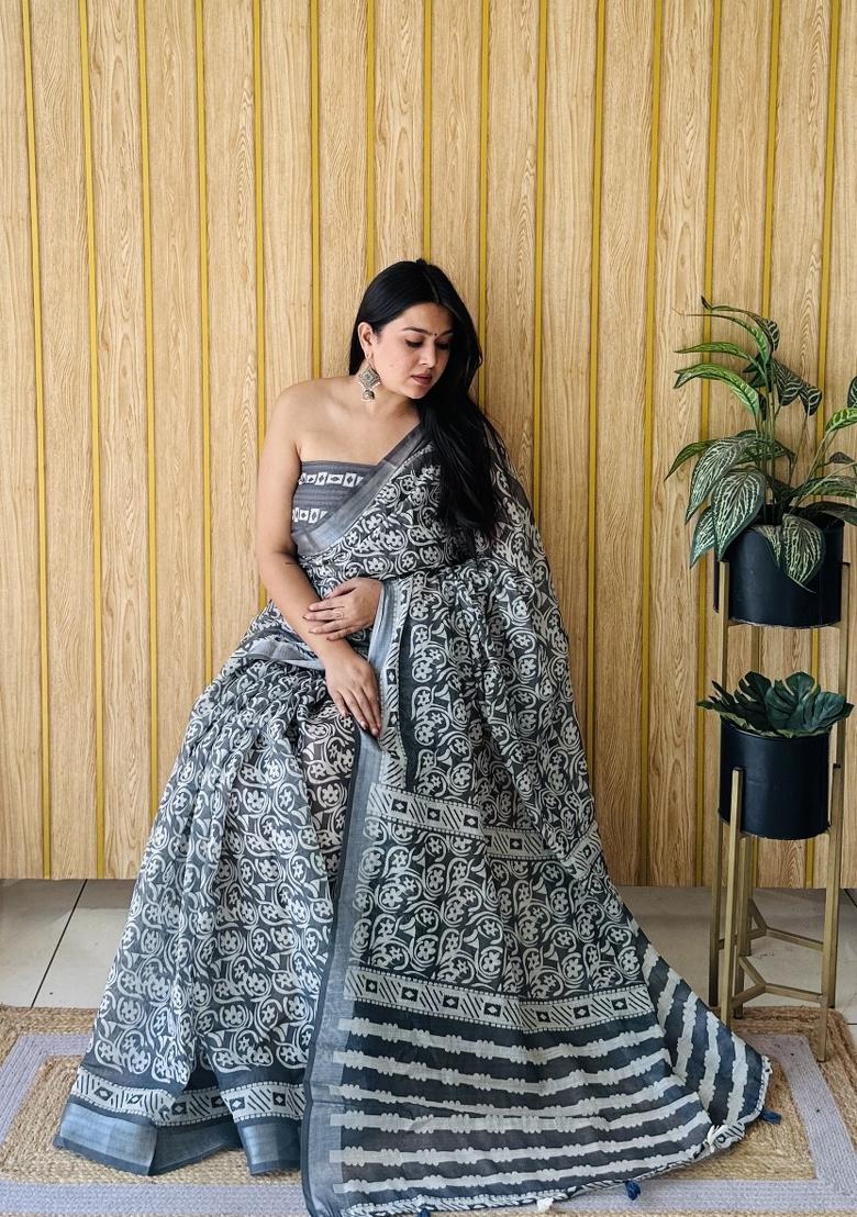 Grey Printed Linen Saree Set