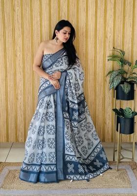 Grey Printed Linen Saree Set