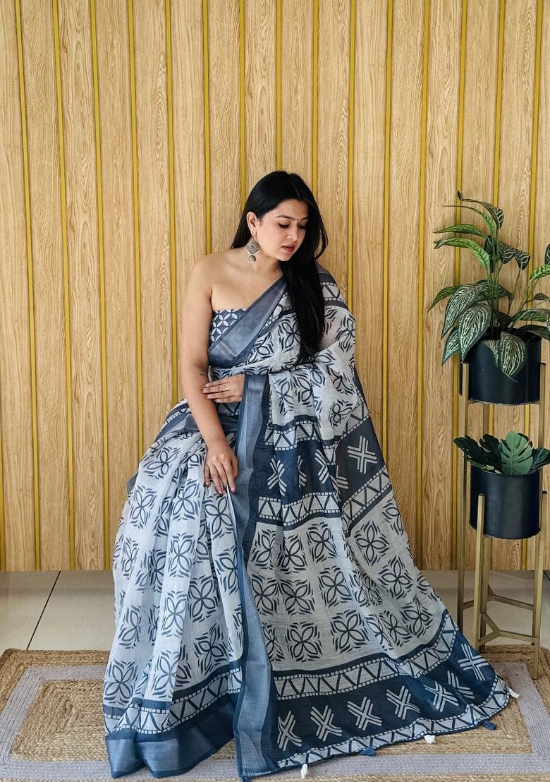 Grey Printed Linen Saree Set