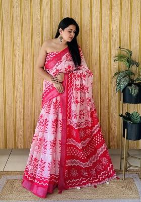 Light Pink Printed Linen Saree Set