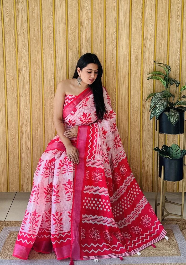 Light Pink Printed Linen Saree Set