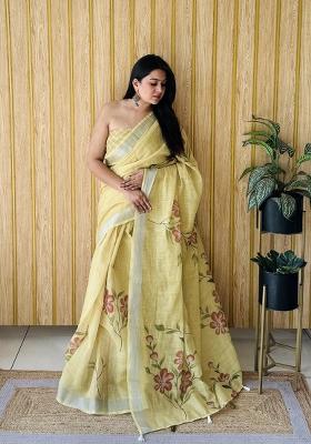 Light Yellow Printed Linen Saree Set