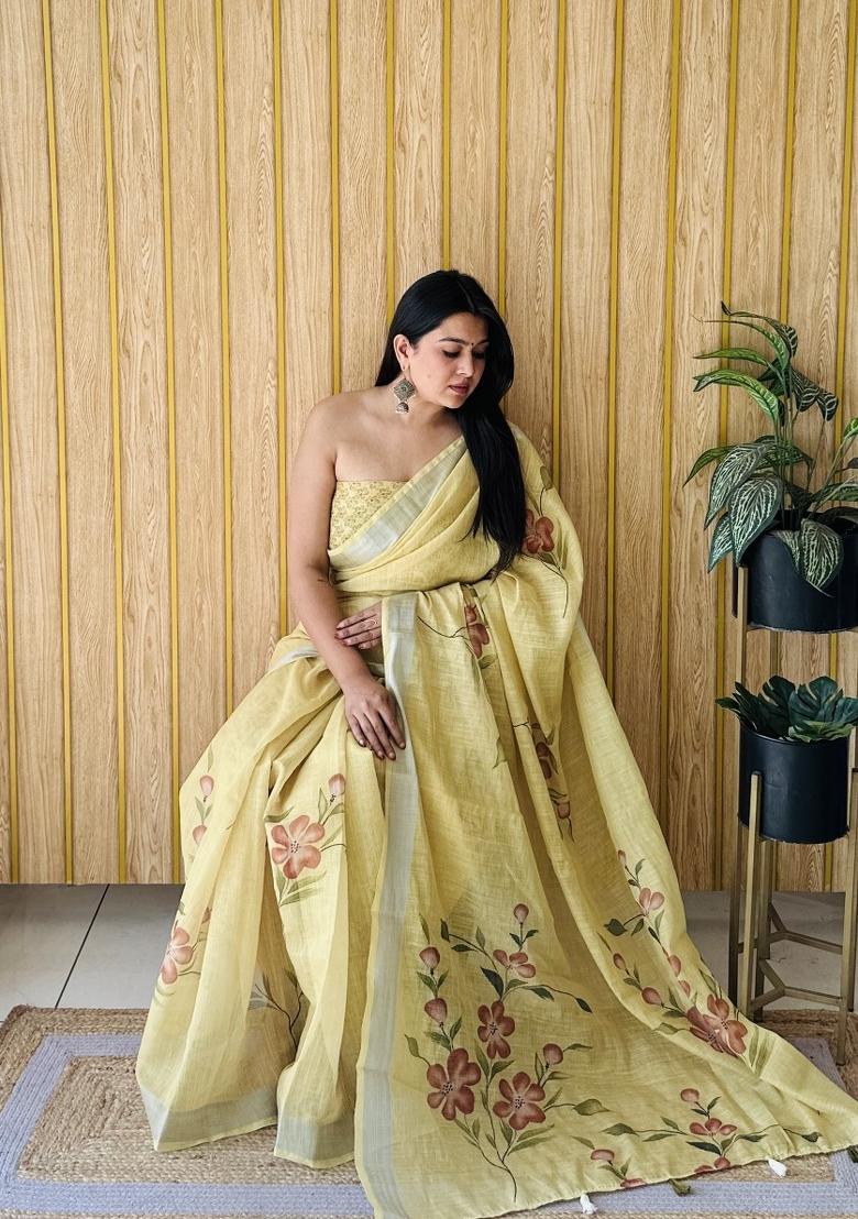 Light Yellow Printed Linen Saree Set