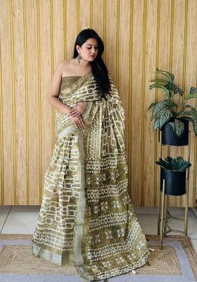 Lime Green Printed Linen Saree Set