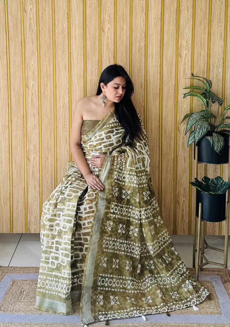 Lime Green Printed Linen Saree Set