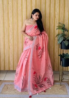 Peach Printed Linen Saree Set