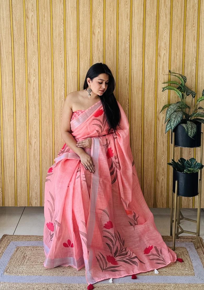 Peach Printed Linen Saree Set