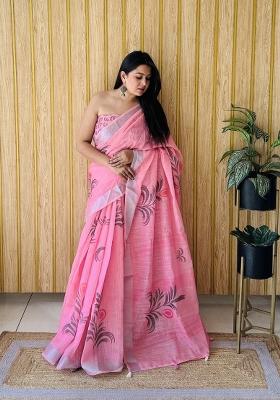 Pink Printed Linen Saree Set