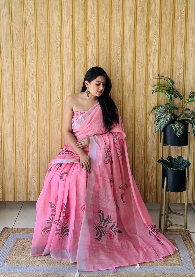 Pink Printed Linen Saree Set