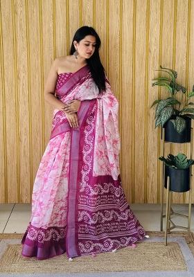 Purple Printed Linen Saree Set