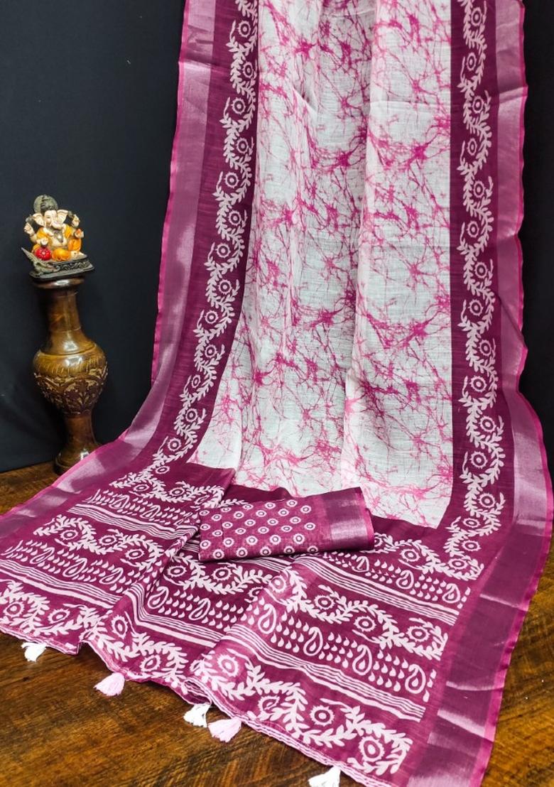 Purple Printed Linen Saree Set