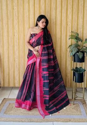 Navy Blue Printed Linen Saree Set