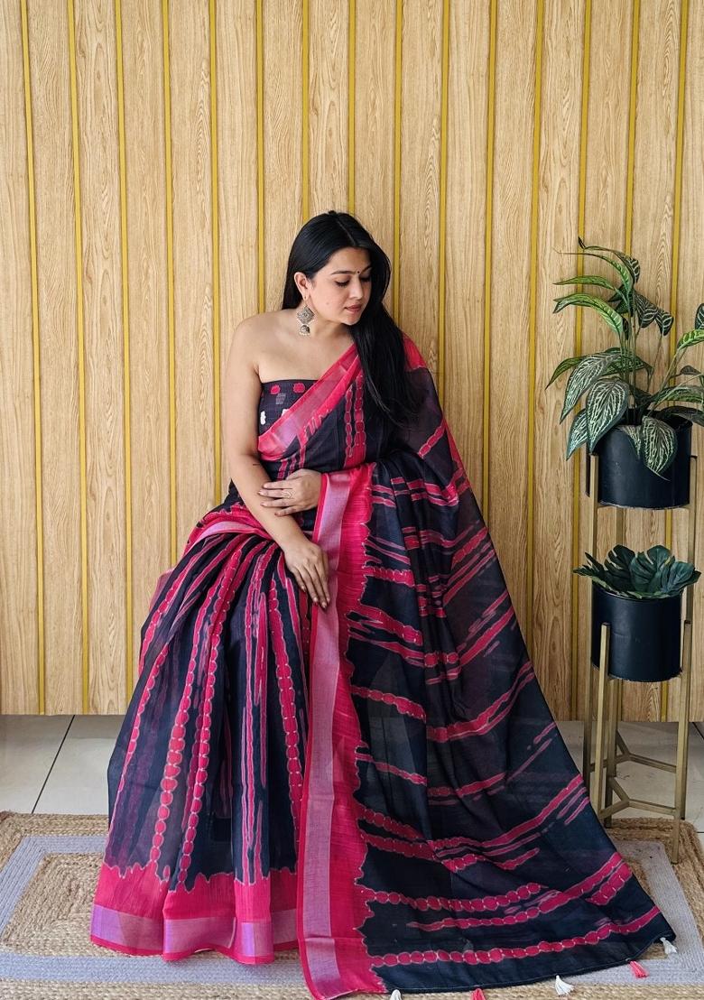 Navy Blue Printed Linen Saree Set