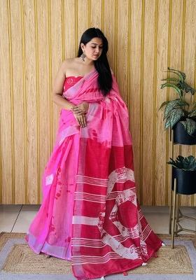 Pink Printed Linen Saree Set