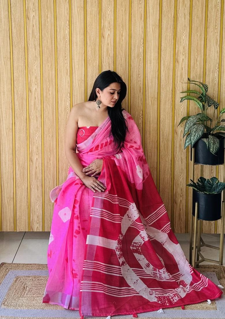 Pink Printed Linen Saree Set