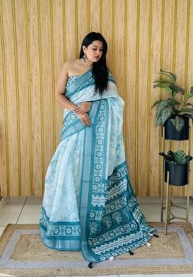 Light Blue Printed Linen Saree Set