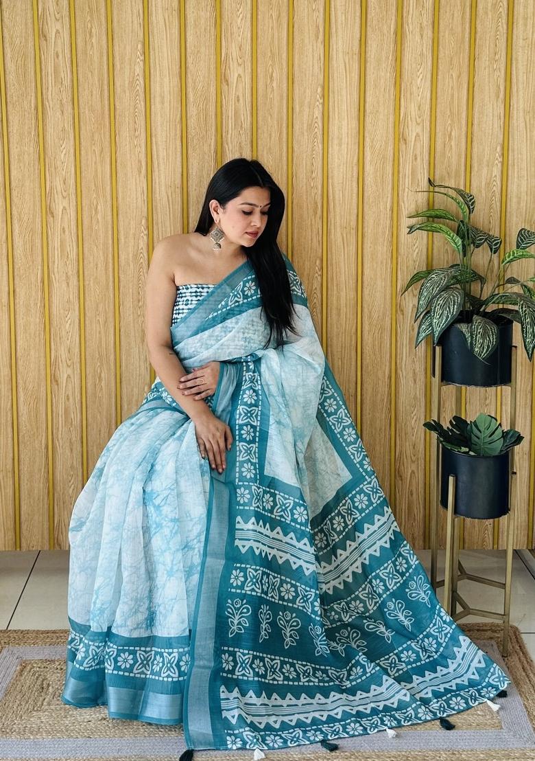 Light Blue Printed Linen Saree Set