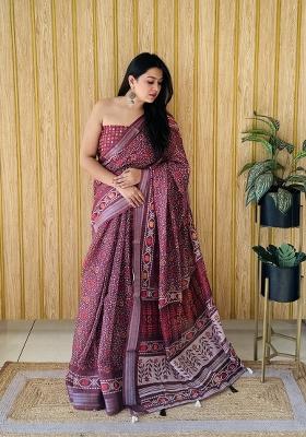 Wine Maroon Printed Linen Saree Set
