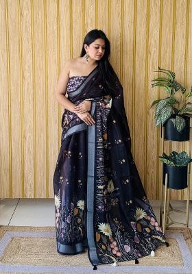 Black Printed Linen Saree Set