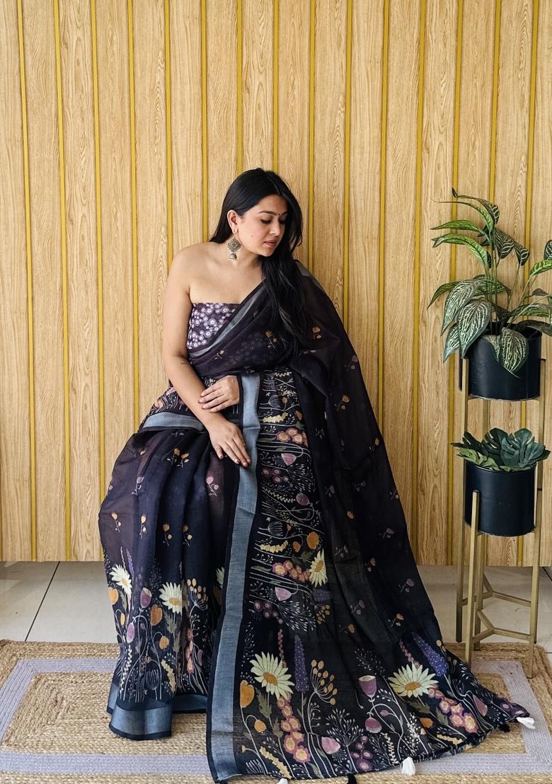 Black Printed Linen Saree Set