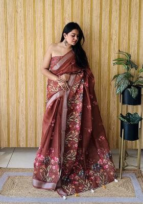 Brown Printed Linen Saree Set