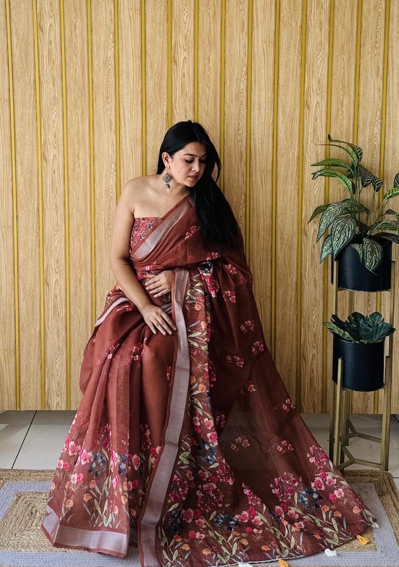 Brown Printed Linen Saree Set