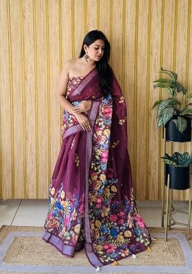 Wine Maroon Printed Linen Saree Set