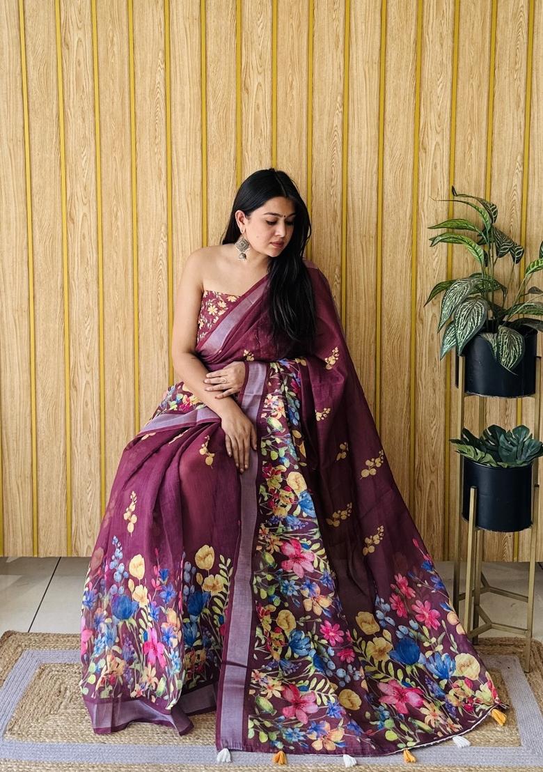 Wine Maroon Printed Linen Saree Set