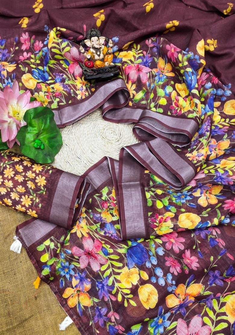 Wine Maroon Printed Linen Saree Set