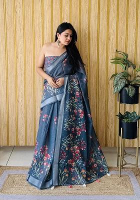 Dark Grey Printed Linen Saree Set