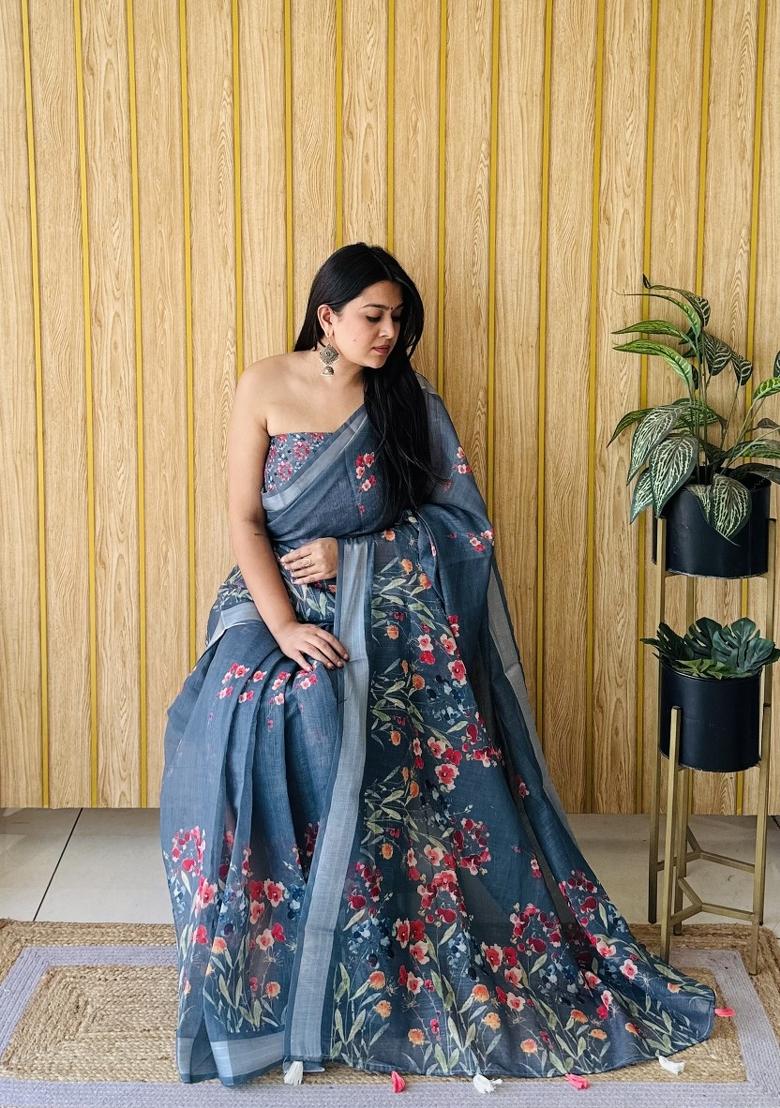 Dark Grey Printed Linen Saree Set