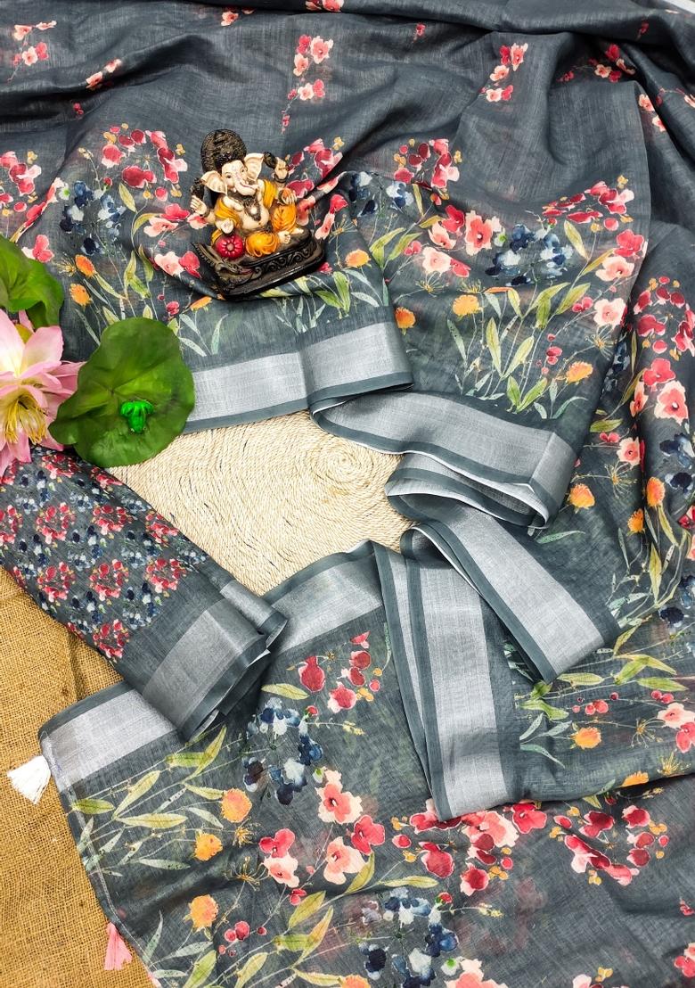 Dark Grey Printed Linen Saree Set