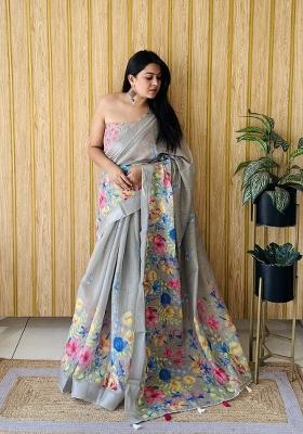 Grey Printed Linen Saree Set