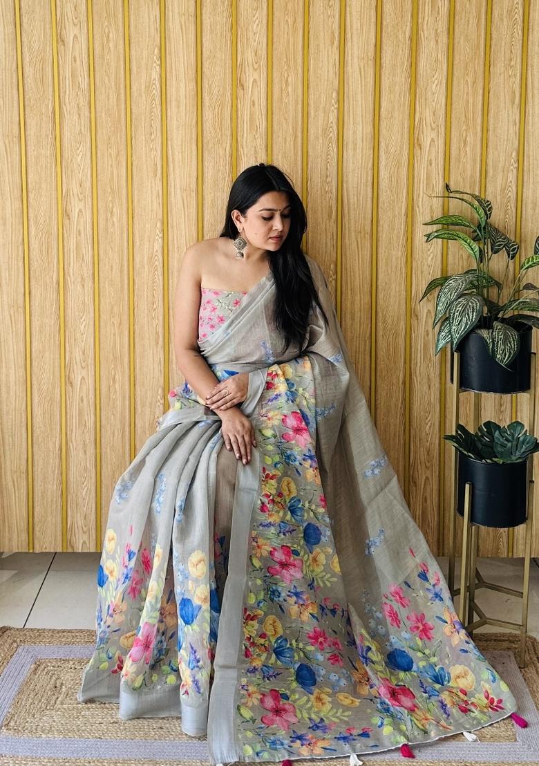 Grey Printed Linen Saree Set