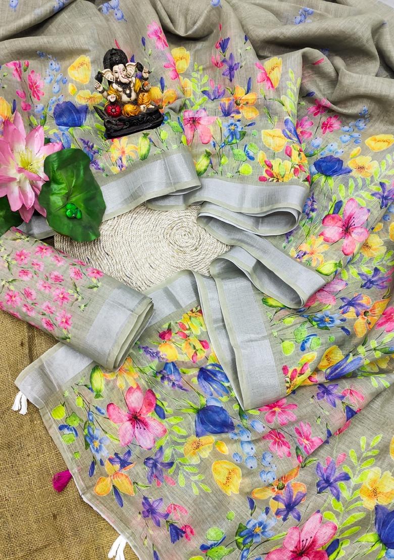 Grey Printed Linen Saree Set