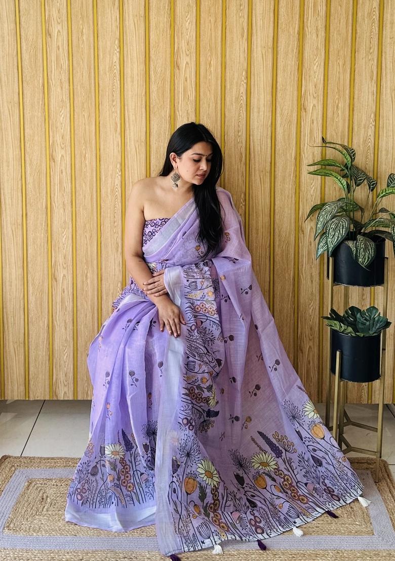 Lavender Printed Linen Saree Set