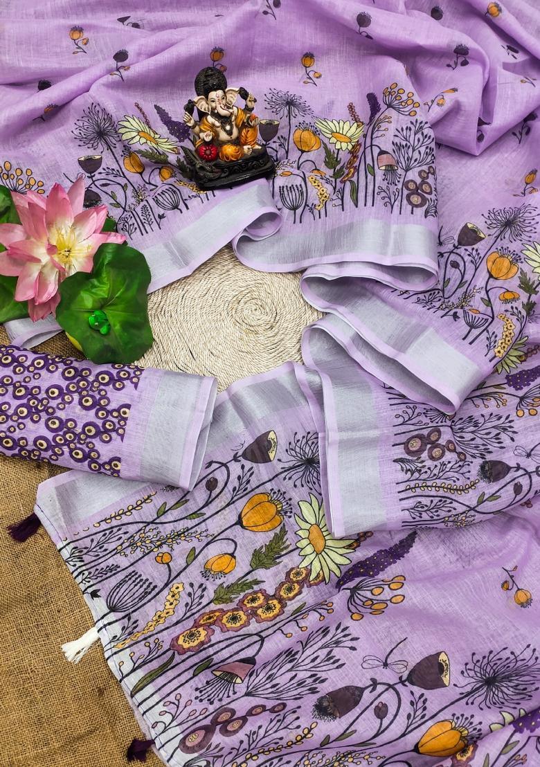 Lavender Printed Linen Saree Set