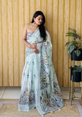 Light Blue Printed Linen Saree Set