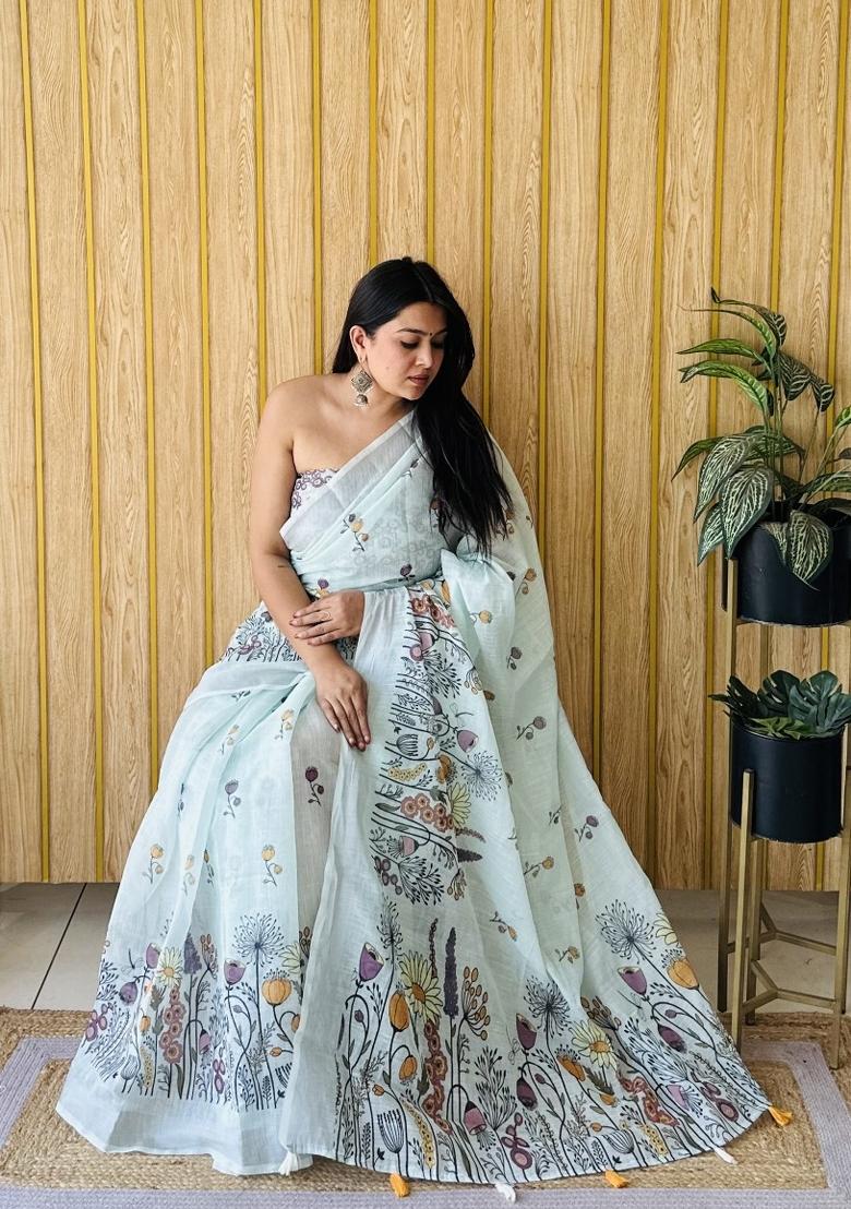 Light Blue Printed Linen Saree Set