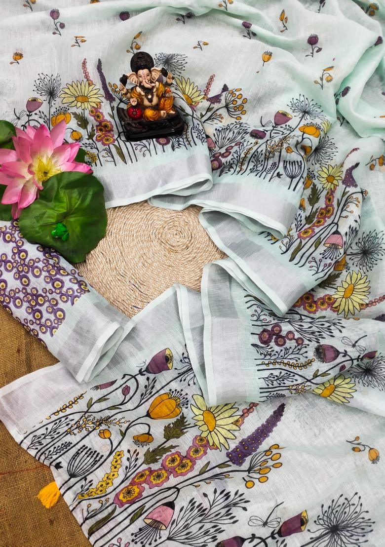 Light Blue Printed Linen Saree Set