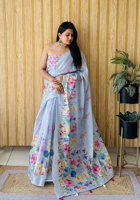 Light Blue Printed Linen Saree Set