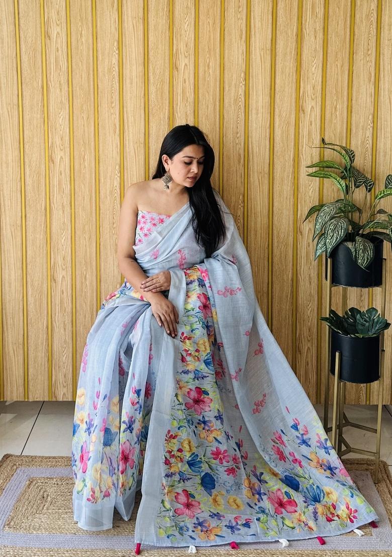 Light Blue Printed Linen Saree Set