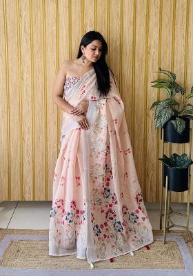 Peach Printed Linen Saree Set