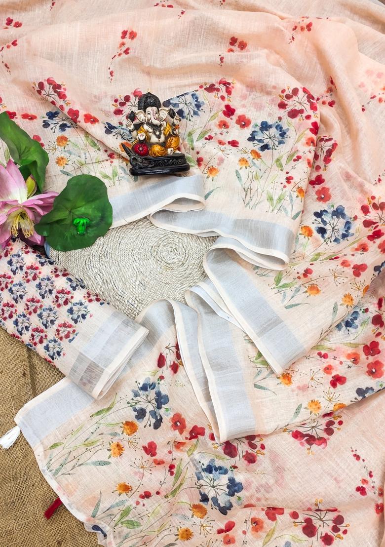 Peach Printed Linen Saree Set