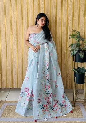 Light Blue Printed Linen Saree Set
